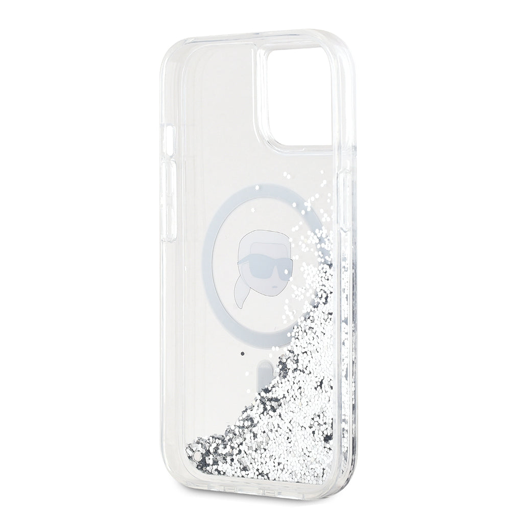 MagSafe-kotelo Apple iPhone 15:lle, Karl Lagerfeld, Liquid Glitter Karl's Head, Läpinäkyvä