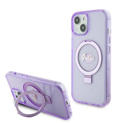 MagSafe-kotelo Apple iPhone 15 Plus -puhelimelle, Guess, Ring Stand Script Glitter, Violetti