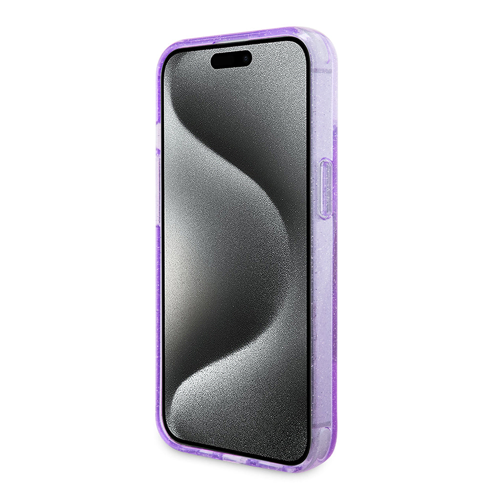 MagSafe-kotelo Apple iPhone 15 Plus -puhelimelle, Guess, Ring Stand Script Glitter, Violetti