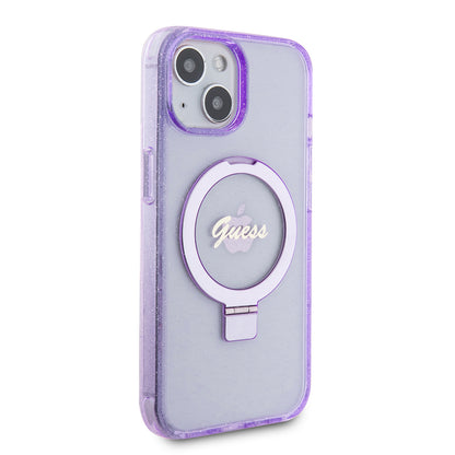 MagSafe-kotelo Apple iPhone 15 Plus -puhelimelle, Guess, Ring Stand Script Glitter, Violetti