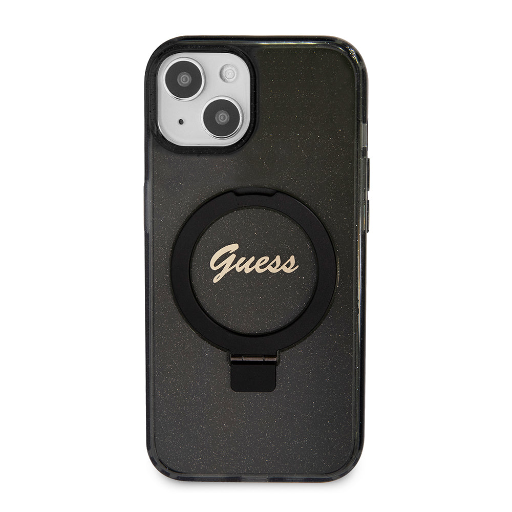 MagSafe-kotelo Apple iPhone 15 Plus -puhelimelle, Guess, Ring Stand Script Glitter, Musta