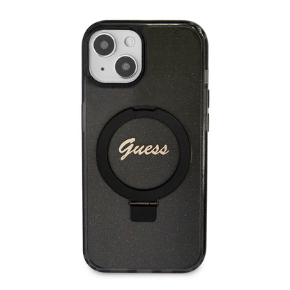 MagSafe-kotelo Apple iPhone 15 Plus -puhelimelle, Guess, Ring Stand Script Glitter, Musta