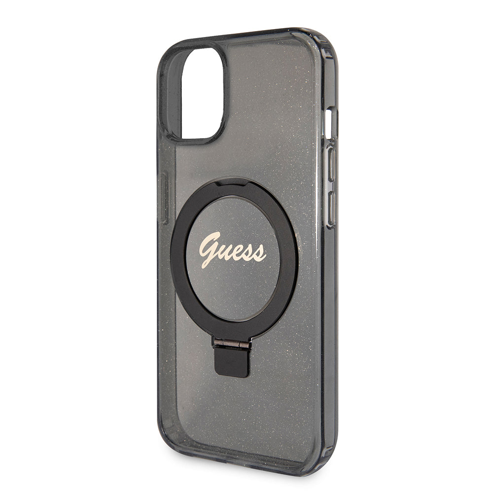 MagSafe-kotelo Apple iPhone 15 Plus -puhelimelle, Guess, Ring Stand Script Glitter, Musta