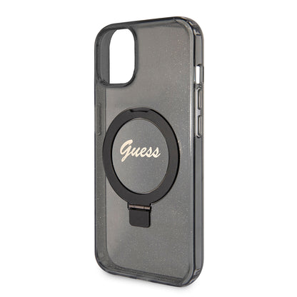 MagSafe-kotelo Apple iPhone 15 Plus -puhelimelle, Guess, Ring Stand Script Glitter, Musta