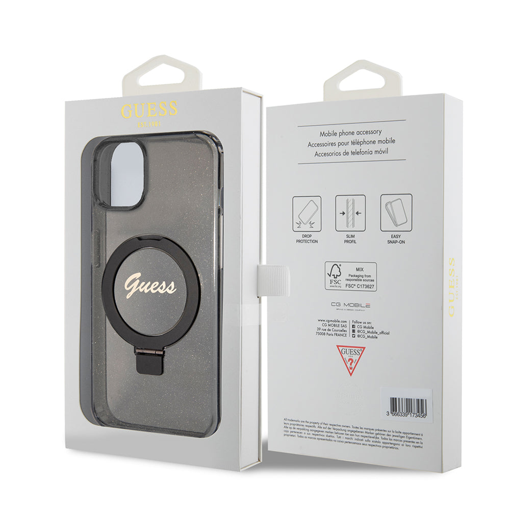 MagSafe-kotelo Apple iPhone 15 Plus -puhelimelle, Guess, Ring Stand Script Glitter, Musta