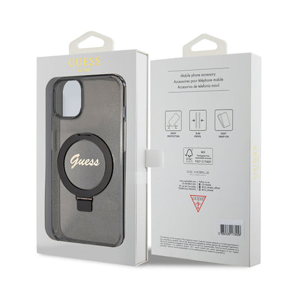 MagSafe-kotelo Apple iPhone 15 Plus -puhelimelle, Guess, Ring Stand Script Glitter, Musta