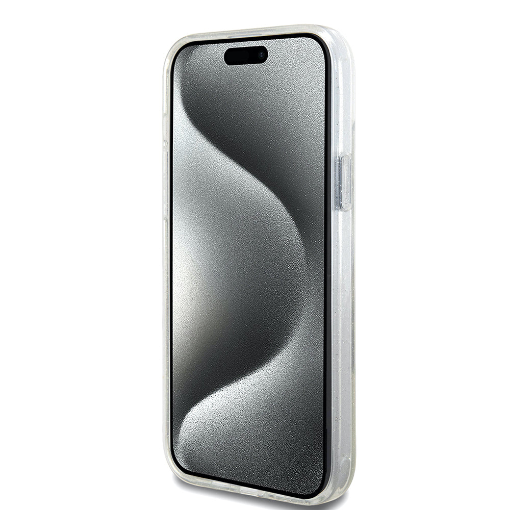 MagSafe-kotelo Apple iPhone 15 Plus -puhelimelle, Guess, Ring Stand Script Glitter, Läpinäkyvä