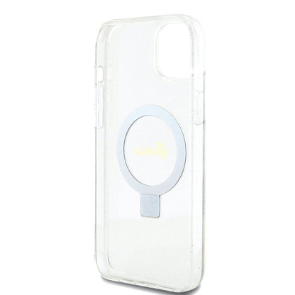 MagSafe-kotelo Apple iPhone 15 Plus -puhelimelle, Guess, Ring Stand Script Glitter, Läpinäkyvä