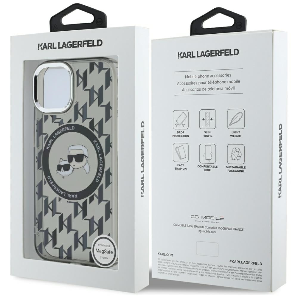 MagSafe-kotelo Apple iPhone 15 Plus -puhelimelle, Karl Lagerfeld, IML Monogram Karl & Choupette's Heads, Musta