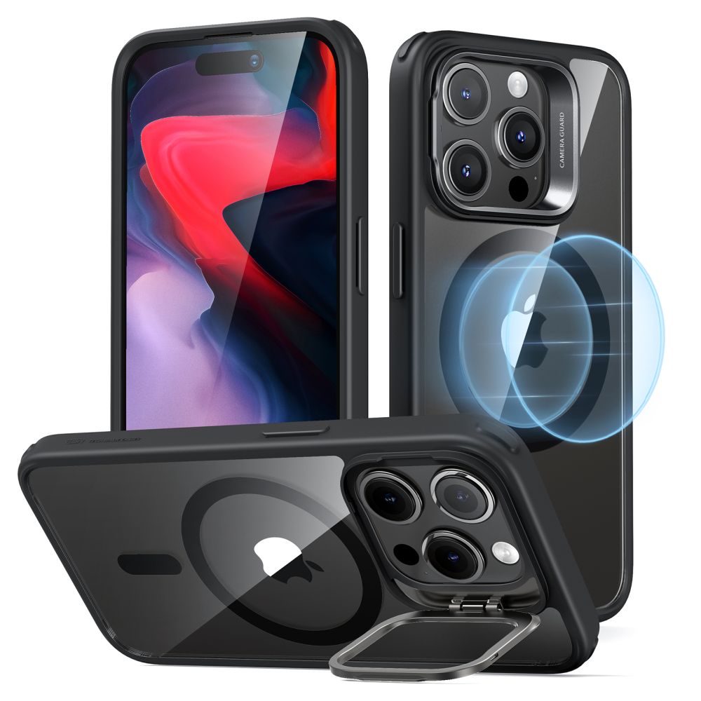 MagSafe Case for Apple iPhone 15 Pro, ESR, Classic Hybrid Kickstand, Transparent Black