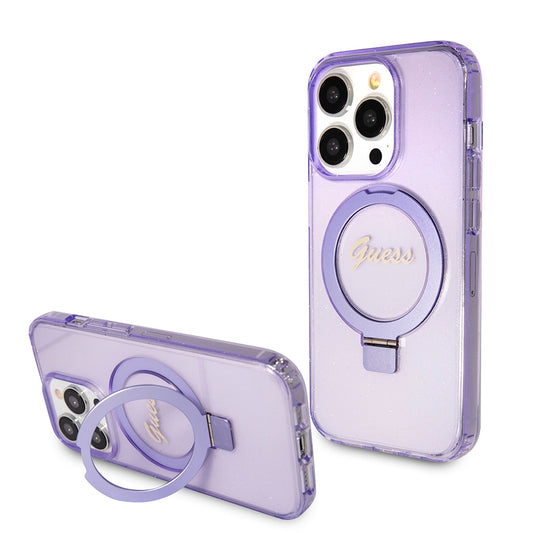 MagSafe-kotelo Apple iPhone 15 Prolle, Guess, IML Ring Stand Glitter, Violetti