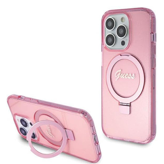 MagSafe-kotelo Apple iPhone 15 Prolle, Guess, IML Ring Stand Glitter, Pinkki