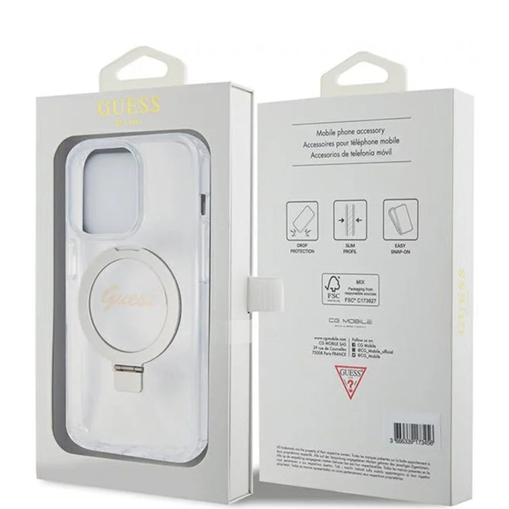 MagSafe-kotelo Apple iPhone 15 Prolle, Guess, IML Ring Stand Glitter, Läpinäkyvä