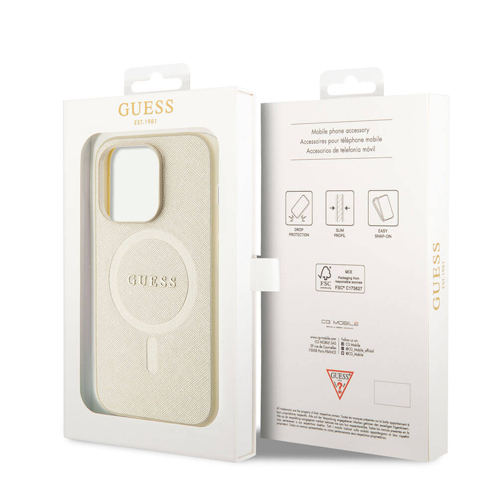 MagSafe-kotelo Apple iPhone 15 Prolle, Guess, Saffiano, Beige
