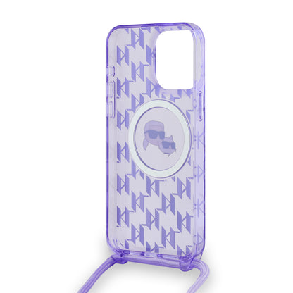 MagSafe Case for Apple iPhone 15 Pro, Karl Lagerfeld, IML Crossbody Monogram Karl & Choupette's Heads, Purple