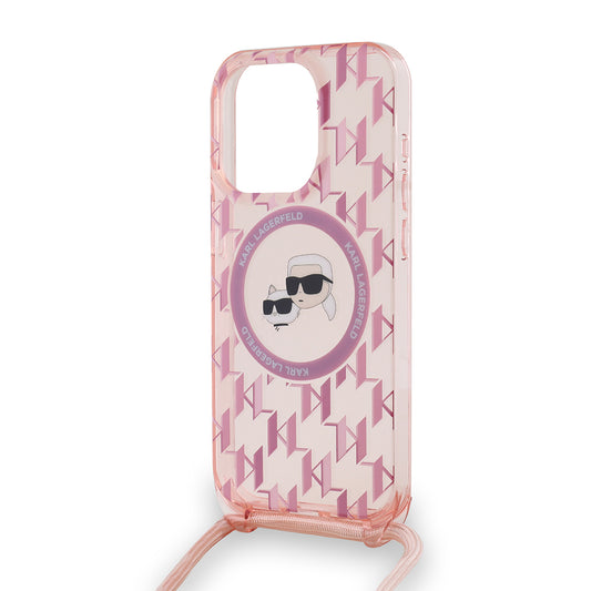 MagSafe-kotelo Apple iPhone 15 Prolle, Karl Lagerfeld, IML Crossbody Monogram Karl & Choupette's Heads, Pinkki