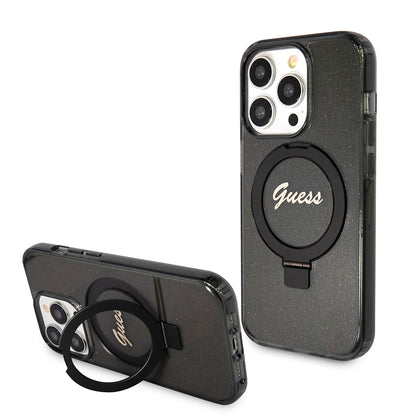 MagSafe-kotelo Apple iPhone 15 Pro Maxille, Guess, IML Ring Stand Glitter, Musta