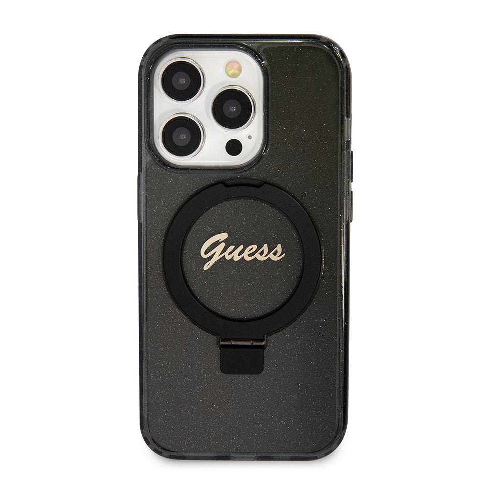 MagSafe-kotelo Apple iPhone 15 Pro Maxille, Guess, IML Ring Stand Glitter, Musta