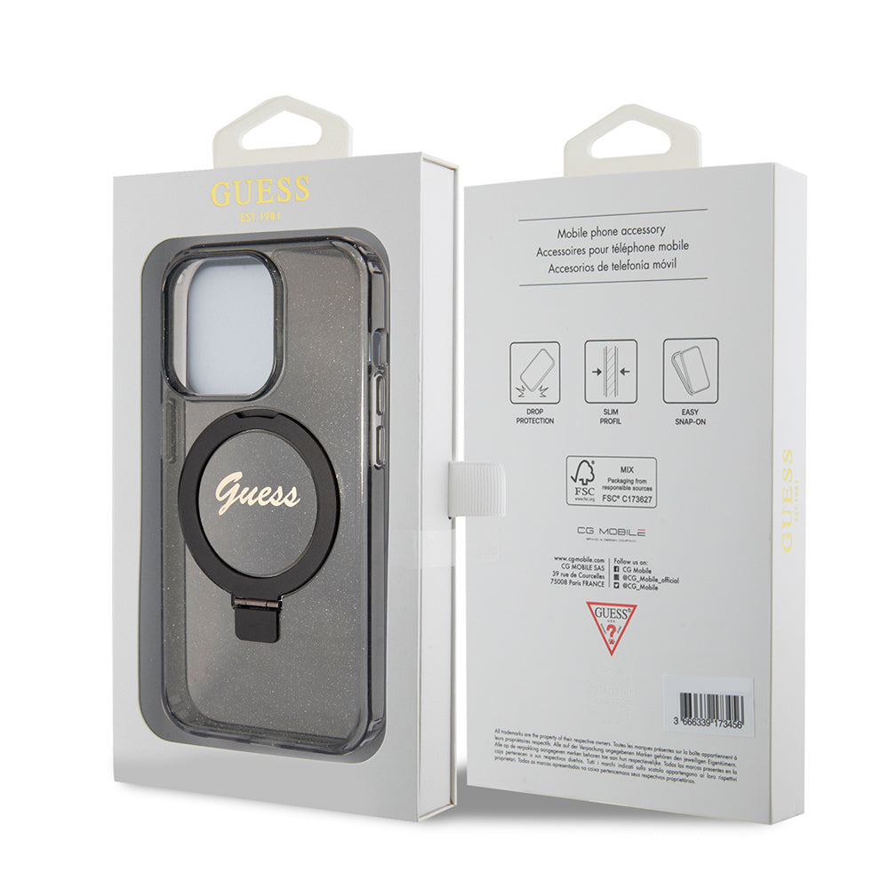 MagSafe-kotelo Apple iPhone 15 Pro Maxille, Guess, IML Ring Stand Glitter, Musta