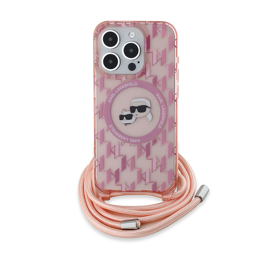 MagSafe-kotelo Apple iPhone 15 Pro Maxille, Karl Lagerfeld, IML Crossbody Monogram Karl & Choupette's Heads, Pinkki