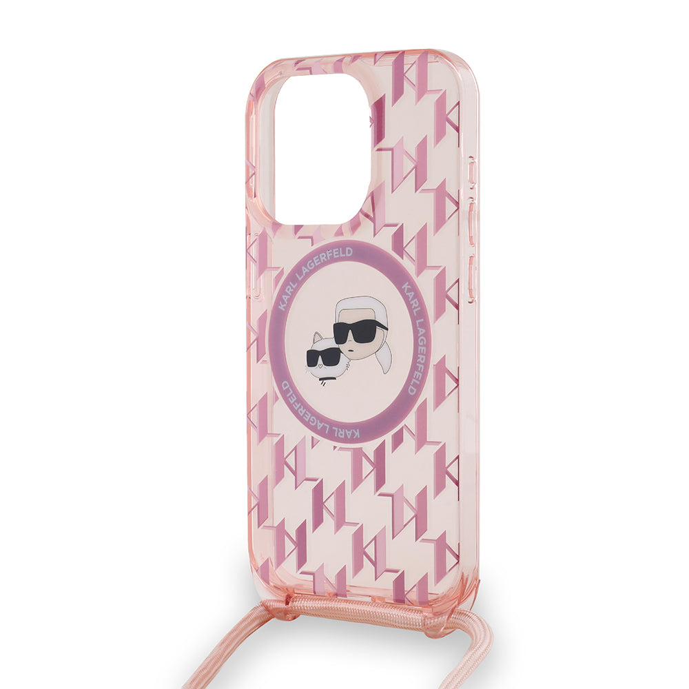 MagSafe-kotelo Apple iPhone 15 Pro Maxille, Karl Lagerfeld, IML Crossbody Monogram Karl & Choupette's Heads, Pinkki