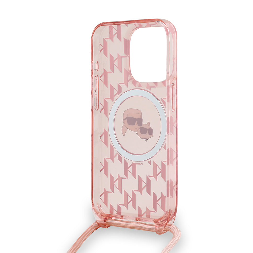 MagSafe-kotelo Apple iPhone 15 Pro Maxille, Karl Lagerfeld, IML Crossbody Monogram Karl & Choupette's Heads, Pinkki