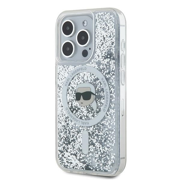 MagSafe Case for Apple iPhone 15 Pro Max, Karl Lagerfeld, Liquid Glitter Karl's Head, Transparent