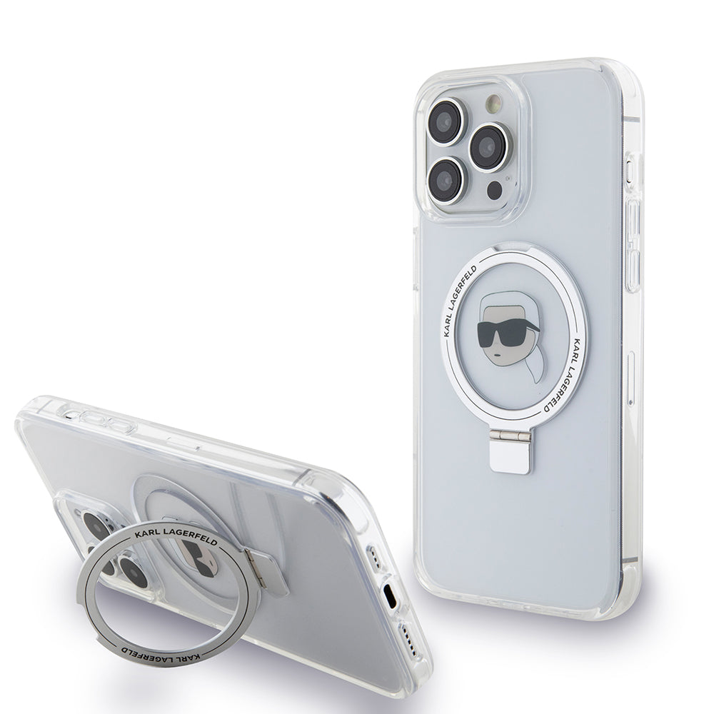 MagSafe-kotelo Apple iPhone 15 Pro Maxille, Karl Lagerfeld, Ring Stand Karl's Head, Valkoinen