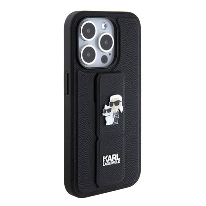 MagSafe-kotelo Apple iPhone 15 Pro Maxille, Karl Lagerfeld, Saffiano Gripstand Karl & Choupette, Musta
