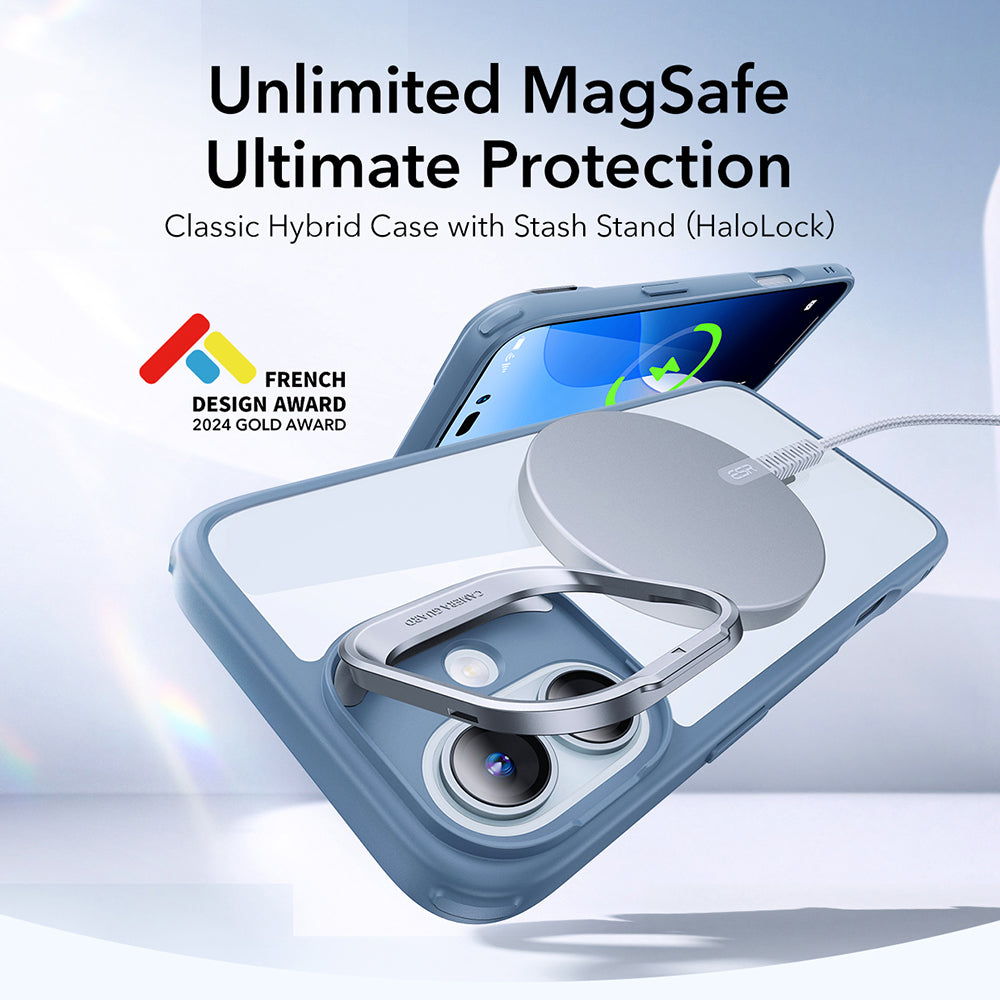 MagSafe-kotelo Apple iPhone 16:lle, ESR, Classic Hybrid Kickstand, Läpinäkyvä Sininen