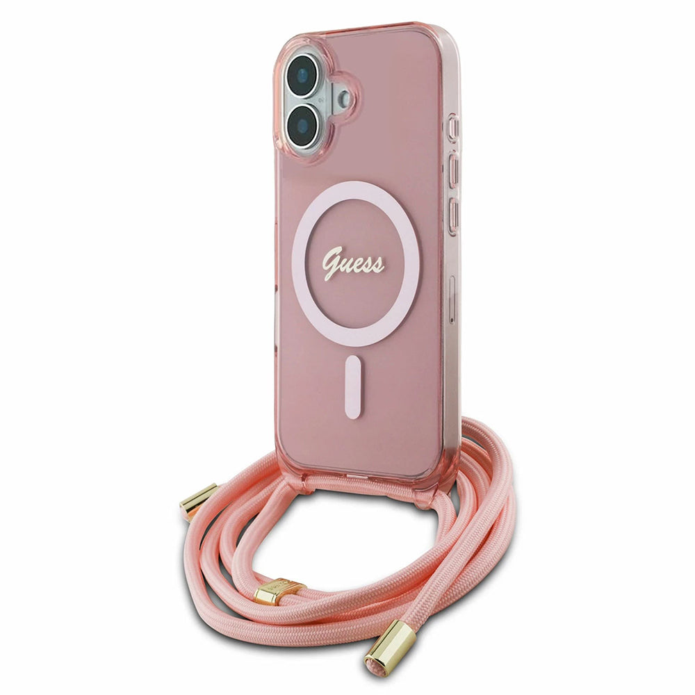 MagSafe-kotelo Apple iPhone 16:lle, Guess, IML Crossbody Cord Script, Pinkki