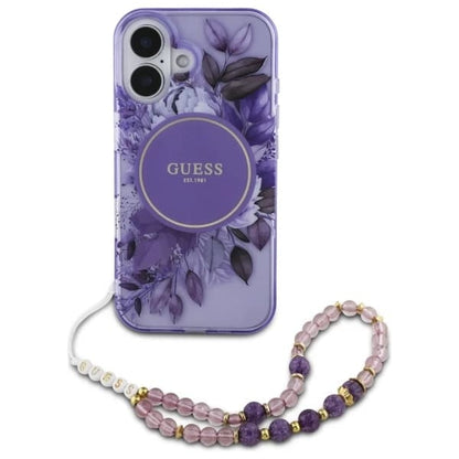 MagSafe-kotelo Apple iPhone 16:lle, Guess, IML Flowers with Pearl Strap, Liila
