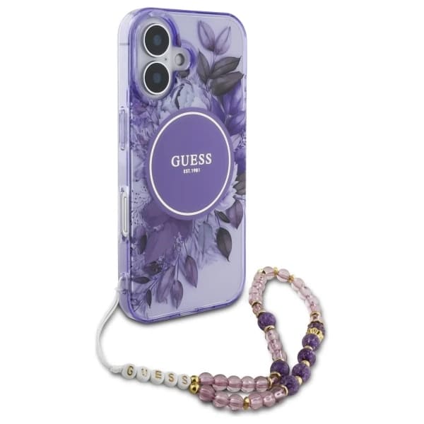 MagSafe-kotelo Apple iPhone 16:lle, Guess, IML Flowers with Pearl Strap, Liila