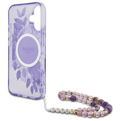 MagSafe-kotelo Apple iPhone 16:lle, Guess, IML Flowers with Pearl Strap, Liila