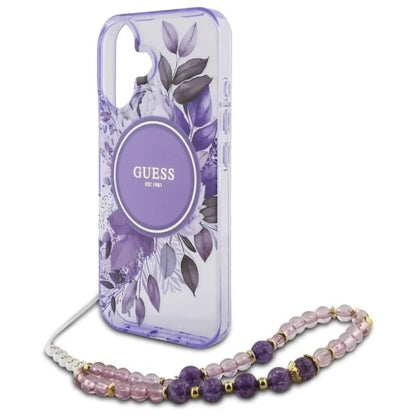 MagSafe-kotelo Apple iPhone 16:lle, Guess, IML Flowers with Pearl Strap, Liila