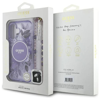 MagSafe-kotelo Apple iPhone 16:lle, Guess, IML Flowers with Pearl Strap, Liila