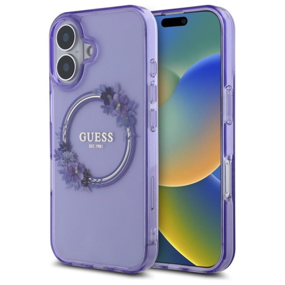 MagSafe-kotelo Apple iPhone 16:lle, Guess, IML Flowers Wreath, Violetti