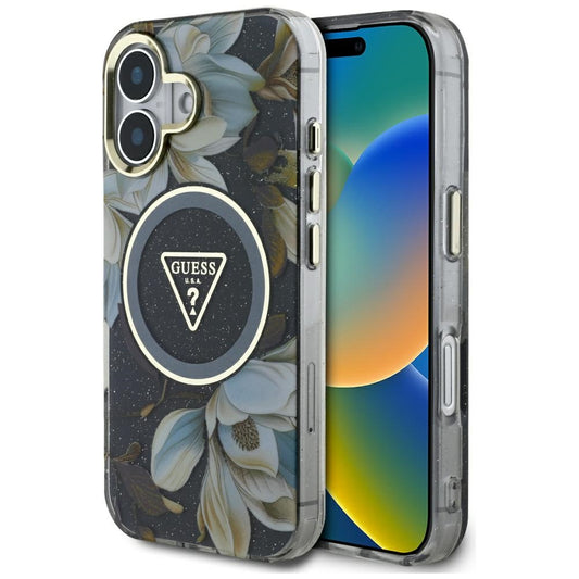 MagSafe-kotelo Apple iPhone 16:lle, Guess, IML Metal Glitter Flowers Triangle, Musta