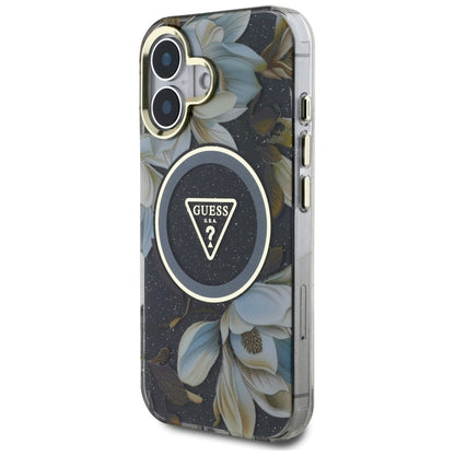MagSafe-kotelo Apple iPhone 16:lle, Guess, IML Metal Glitter Flowers Triangle, Musta