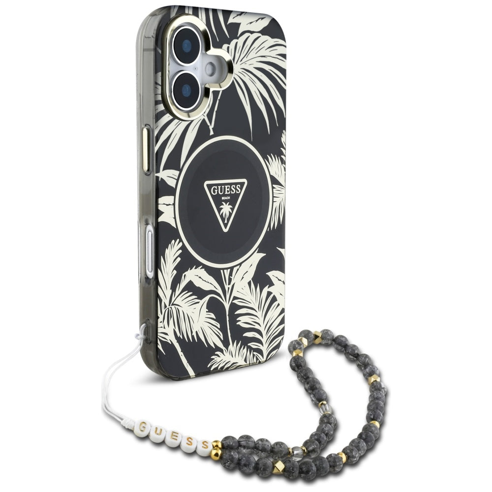 MagSafe-kotelo Apple iPhone 16:lle, Guess, IML Palm Trees Triangle with Pearl Strap, Musta