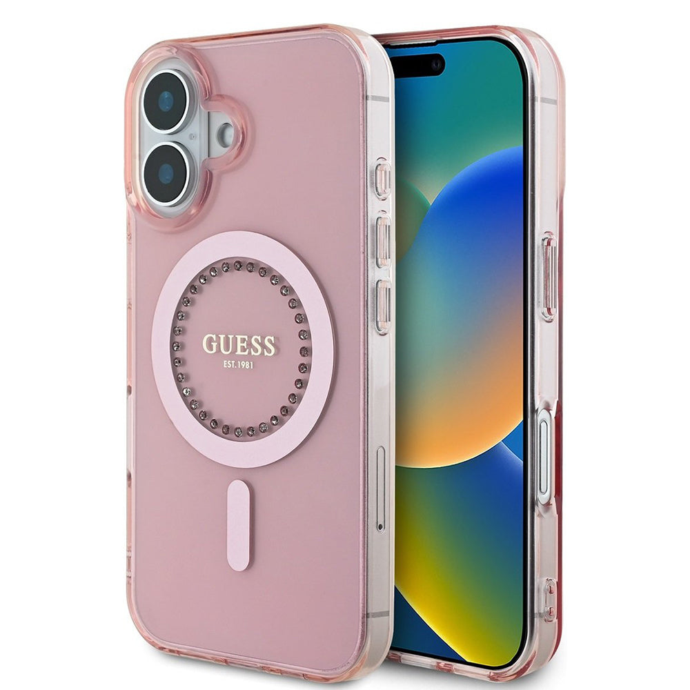 MagSafe-kotelo Apple iPhone 16:lle, Guess, IML Rhinestones Ring, Pinkki GUHMP16SPFTDTEP