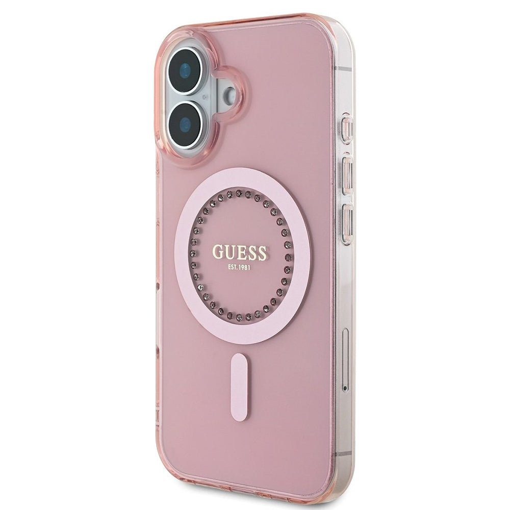 MagSafe-kotelo Apple iPhone 16:lle, Guess, IML Rhinestones Ring, Pinkki GUHMP16SPFTDTEP