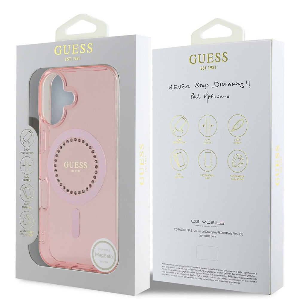 MagSafe-kotelo Apple iPhone 16:lle, Guess, IML Rhinestones Ring, Pinkki GUHMP16SPFTDTEP