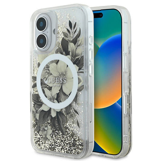 MagSafe-kotelo Apple iPhone 16:lle, Guess, Liquid Glitter Flower, Beige