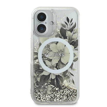MagSafe Case for Apple iPhone 16, Guess, Liquid Glitter Flower, Beige
