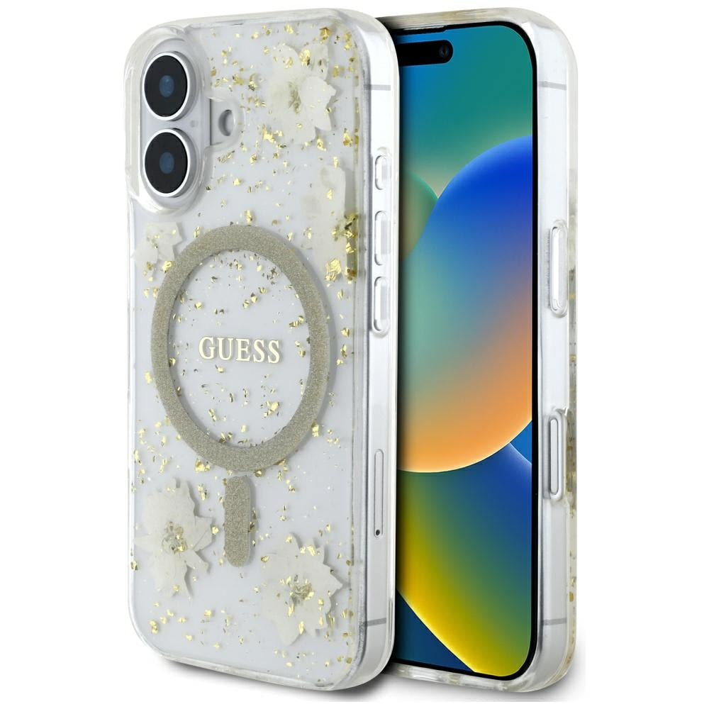 MagSafe-kotelo Apple iPhone 16:lle, Guess, Resin Flowers and Glitter, Beige