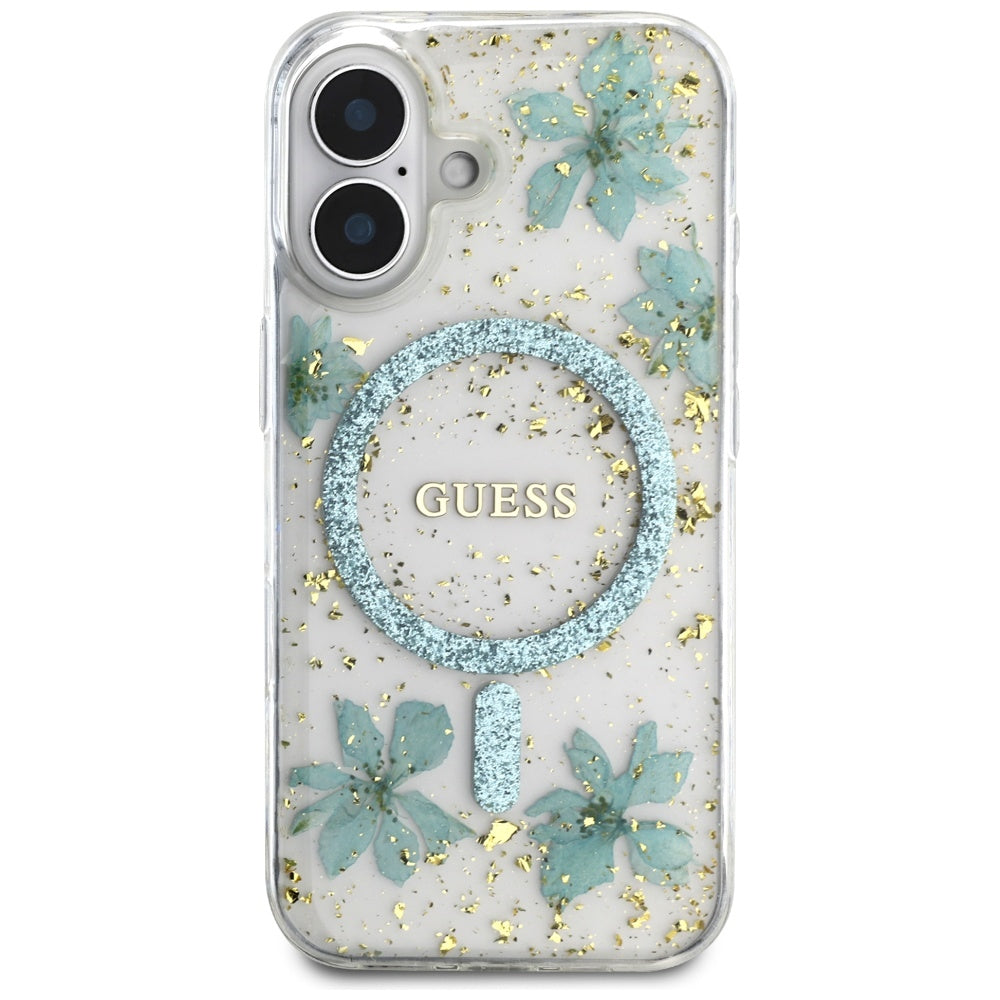 MagSafe-kotelo Apple iPhone 16:lle, Guess, Resin Flowers and Glitter, Turkoosi