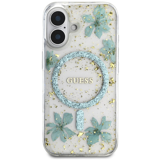 MagSafe-kotelo Apple iPhone 16:lle, Guess, Resin Flowers and Glitter, Turkoosi
