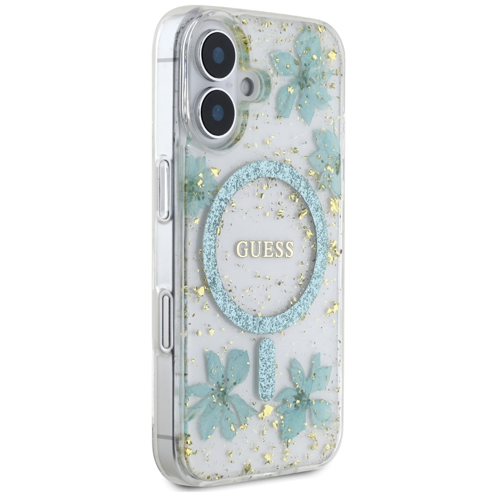 MagSafe-kotelo Apple iPhone 16:lle, Guess, Resin Flowers and Glitter, Turkoosi
