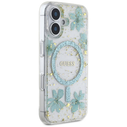 MagSafe-kotelo Apple iPhone 16:lle, Guess, Resin Flowers and Glitter, Turkoosi